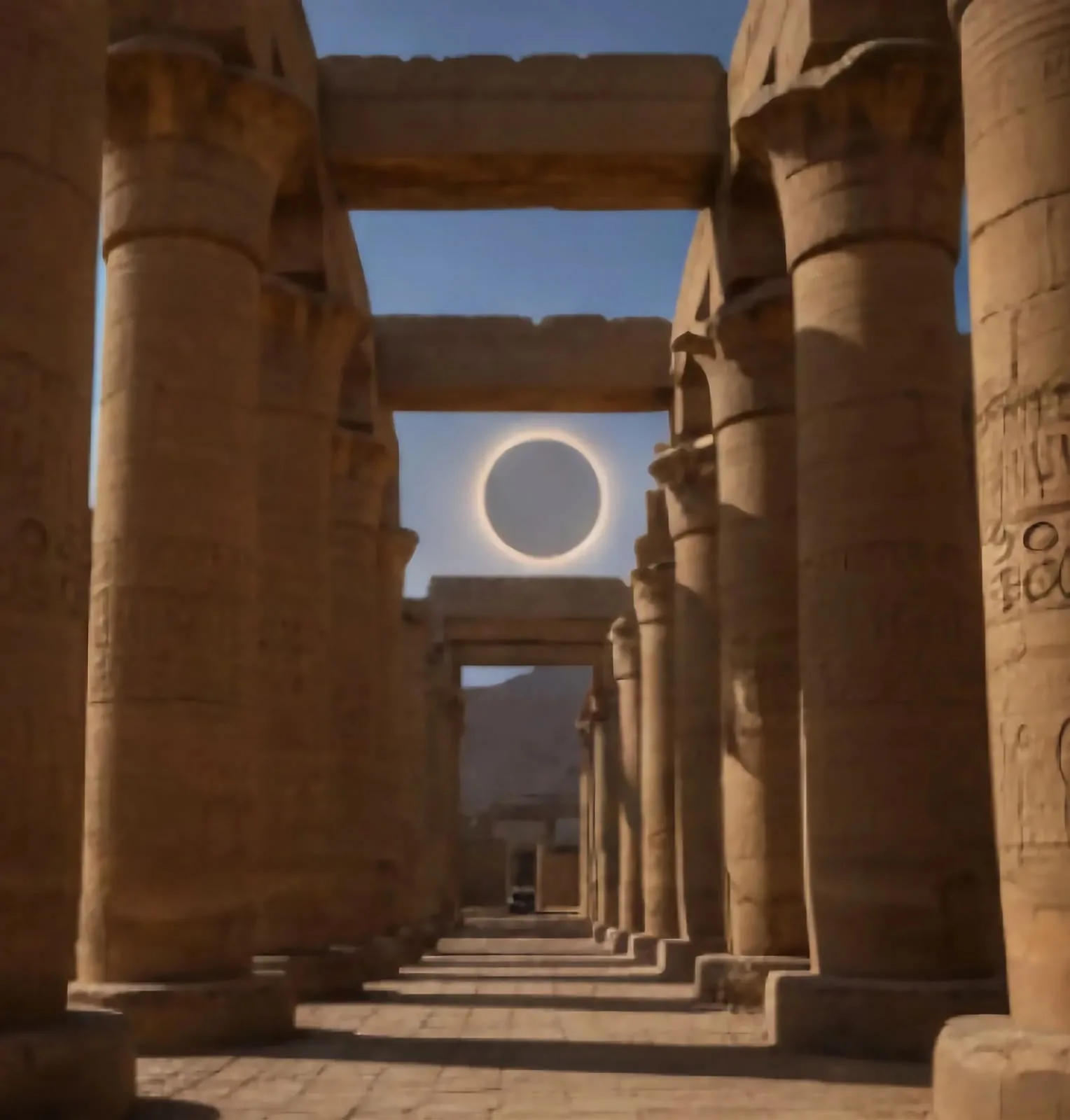 A total solar eclipse framed between the columns of a Luxor temple